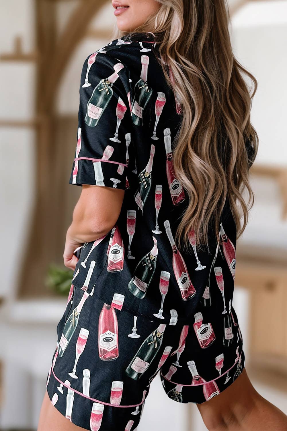 Women Champagne Print Collar Short Sleeve Pajamas Set | S-XL