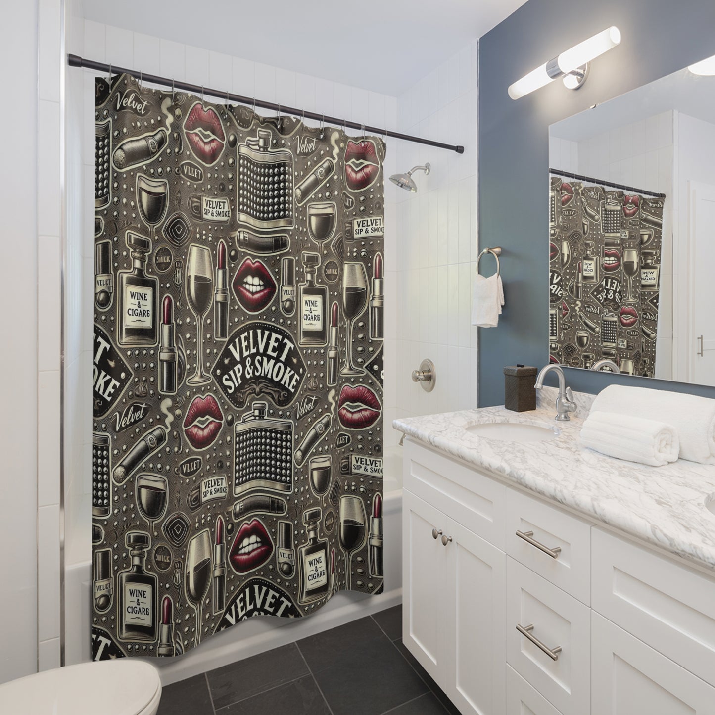 Velvet Sip & Smoke Shower Curtain - Stylish Vintage Design for Home Bars and Glamorous Bathrooms