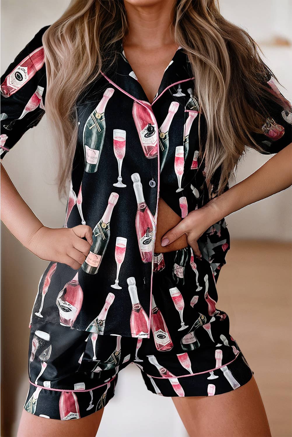Women Champagne Print Collar Short Sleeve Pajamas Set | S-XL