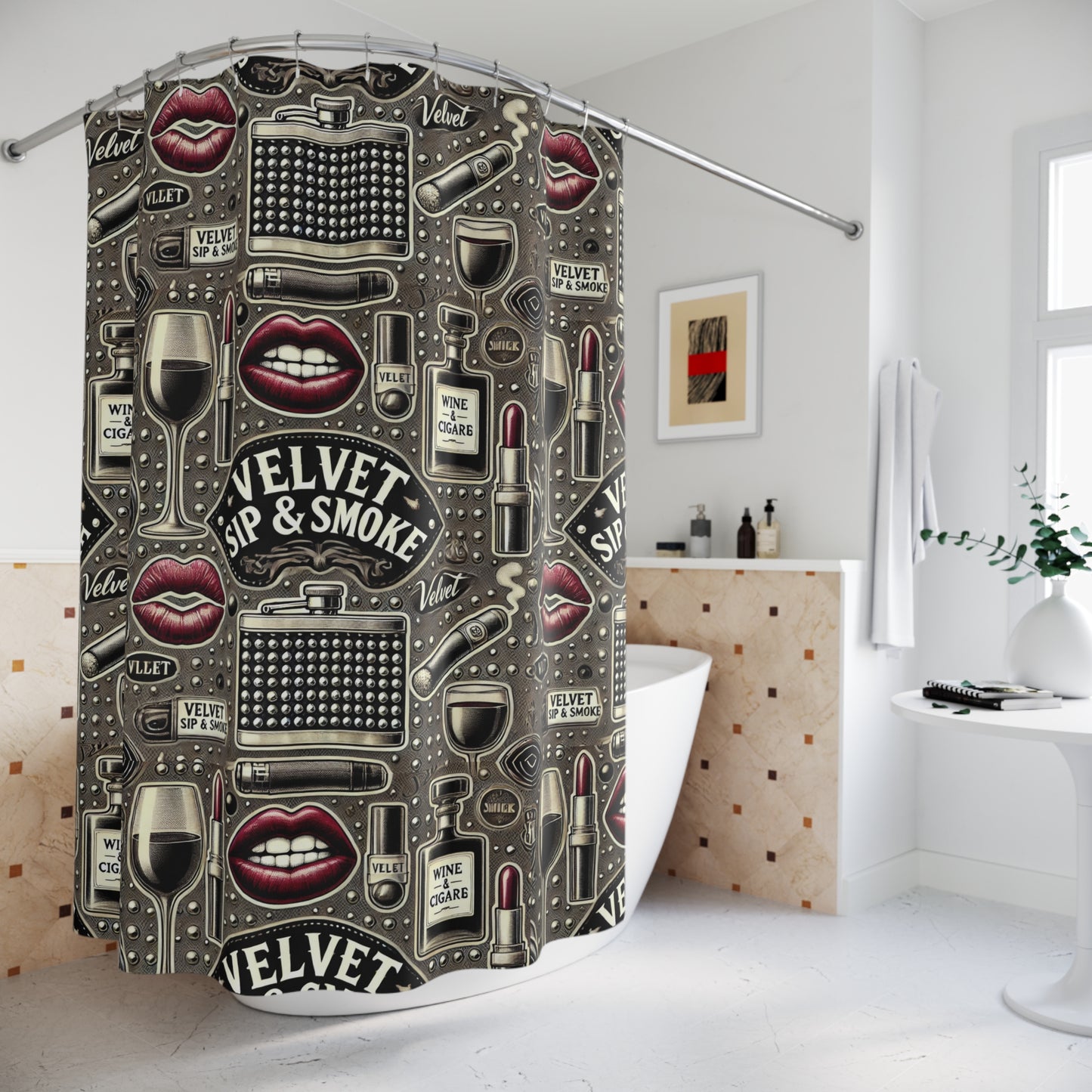 Velvet Sip & Smoke Shower Curtain - Stylish Vintage Design for Home Bars and Glamorous Bathrooms
